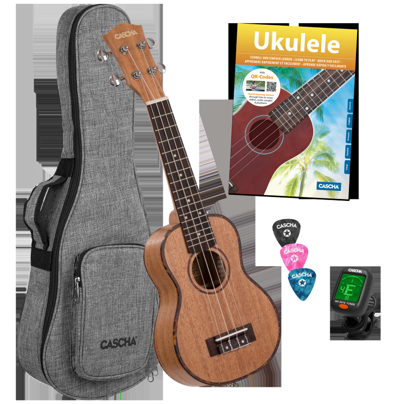 Cascha HH-2027 Soprano Ukulele Mahogany Set (incl. incl. 4 languages Method (DE/EN/FR/ES), Bag padded, 3 Picks, Tuner)
