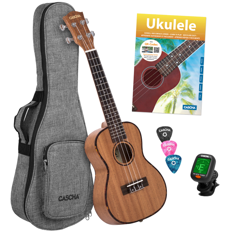 Cascha HH-2036 Concert Ukulele Mahogany Set (incl. 4 languages Method (DE/EN/FR/ES), Bag padded, 3 Picks, Tuner)