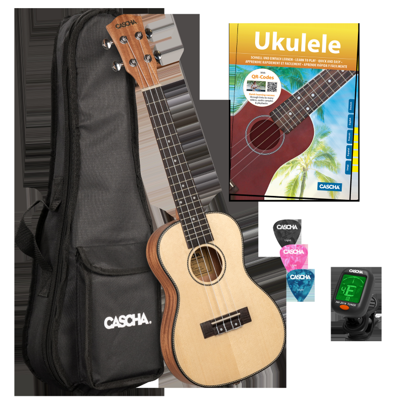 Cascha HH-2152 Concert Ukulele Spruce Solid Top Set (incl. 4 languages Method (DE/EN/FR/ES), Bag padded, 3 Picks, Tuner, Top: Spruce)