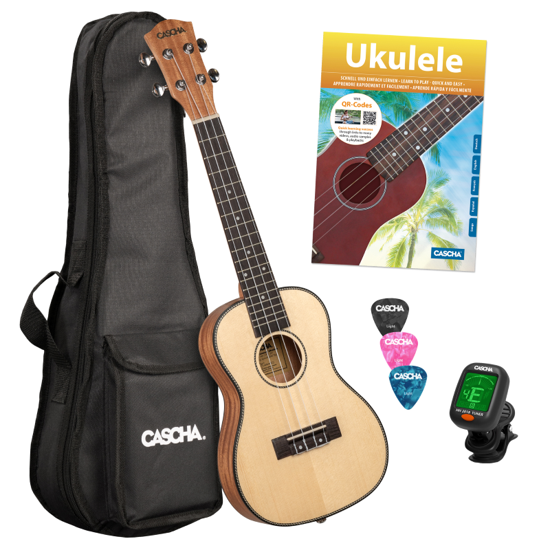 Cascha HH-2152 Concert Ukulele Spruce Solid Top Set (incl. 4 languages Method (DE/EN/FR/ES), Bag padded, 3 Picks, Tuner, Top: Spruce)