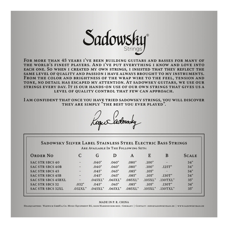 Sadowsky SAC STR SBCN 45B Corde per Basso Elettrico 5 Corde 045-130 Nickel