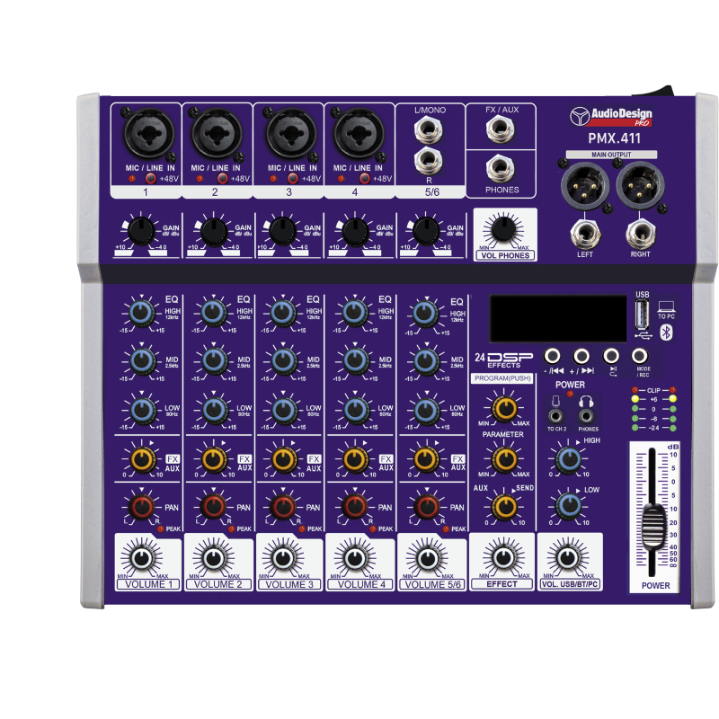 Audio Design PMX.411TK Mixer 4+1+1 canali USB/BT 24 effetti con DSP Alimentazione USB Ingresso ottico