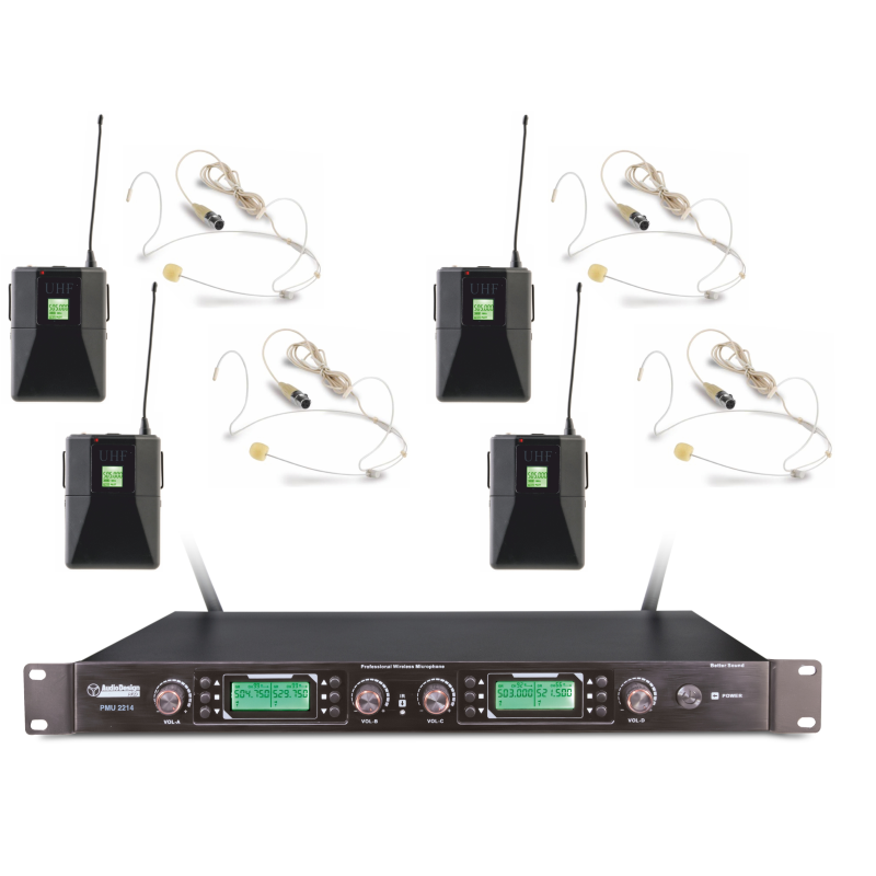 Audio Design PMU 2214BP Sistema wireless 200 Ch.UHF con 4 Body pack e microfoni ad archetto - 4 Ch.