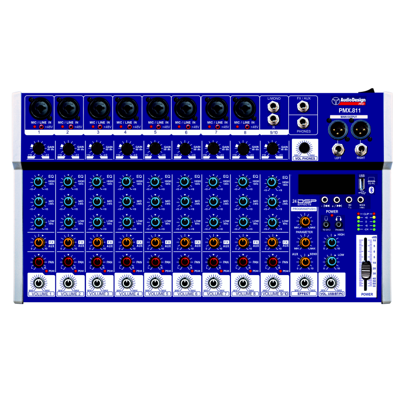Audio Design PMX811 Mixer Professionale 8+1+1 canali USB/BT 24 effetti con DSP Alimentazione USB