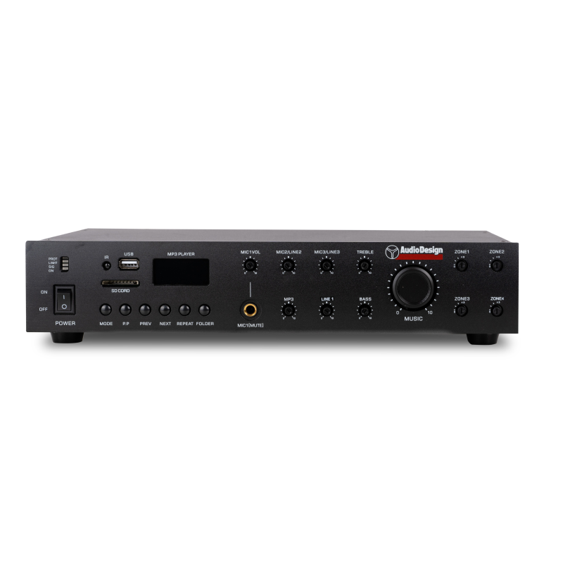 Audio Design PA 4A250-PH Amplificatore PA 8 Ohm 70/100 V a 4 zone con controllo volume 250 W + Al. Phantom