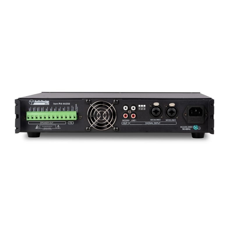 Audio Design PA 4A250-PH Amplificatore PA 8 Ohm 70/100 V a 4 zone con controllo volume 250 W + Al. Phantom