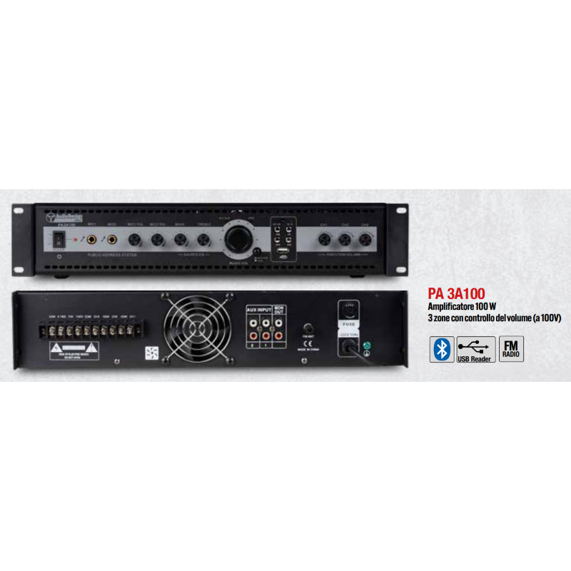 Audio Design PA 3A100 Amplificatore PA 8 Ohm 70-100 V a 3 zone con controllo volume 100 W
