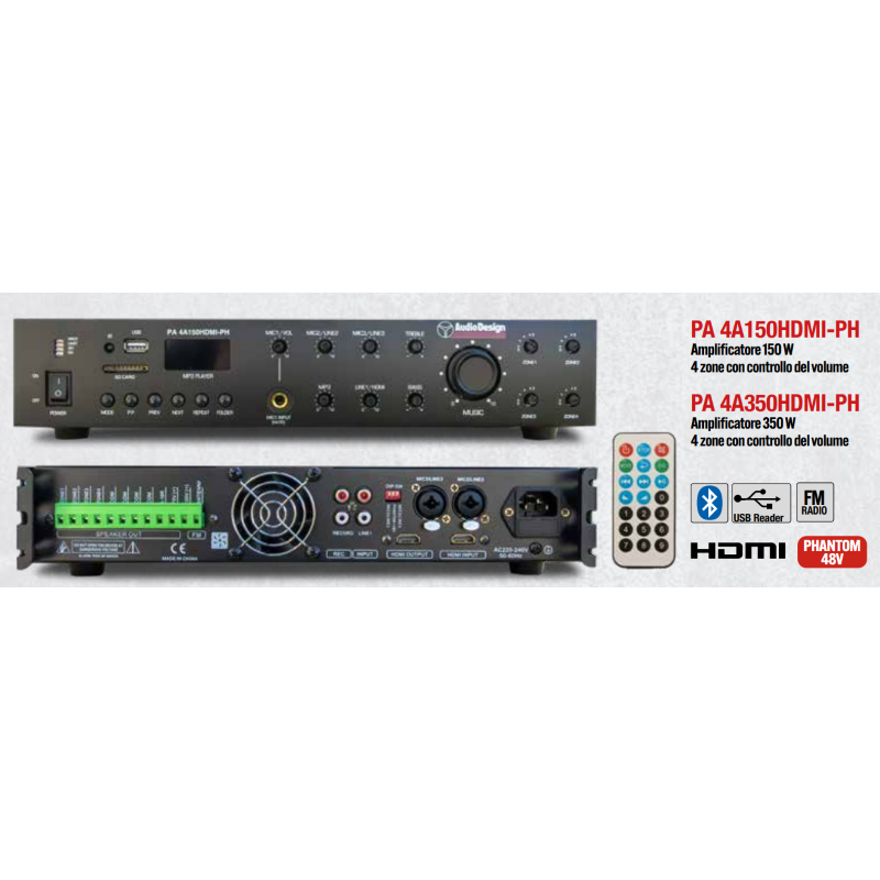 Audio Design PA 4A350HDMI-PH Amplificatore PA 8 Ohm 70/100 V a 4 zone con controllo volume 350 W Conn.HDMI Al.Phantom