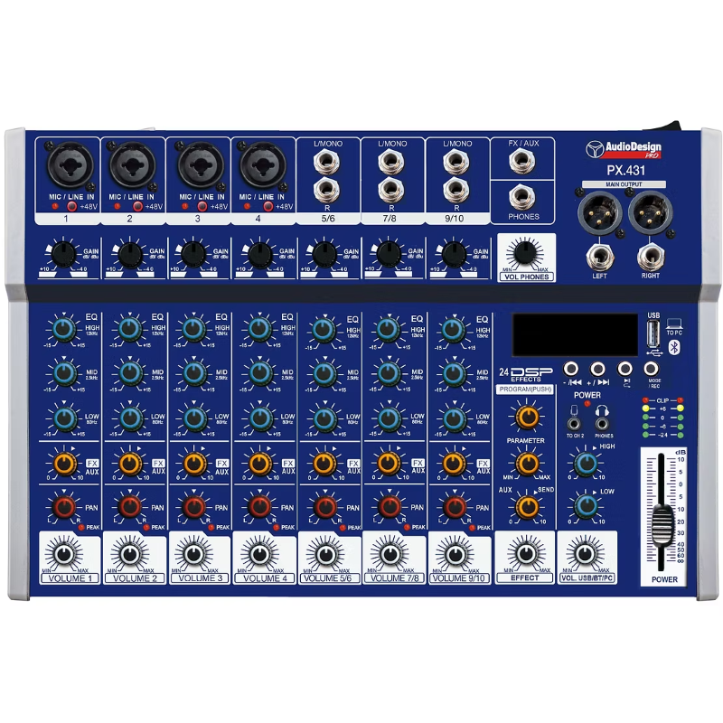 Audio Design PX431 Mixer 4+3+1 canali USB/BT 24 effetti con DSP Alimentatazione USB