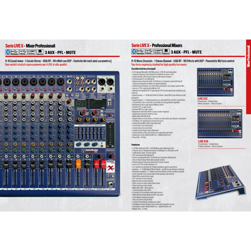 Audio Design LIVEX16 Mixer 15 Ch mono + 1 Stereo + USB 