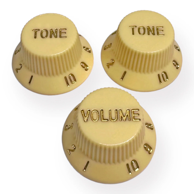 AXLABS Knob Strat Style lefty aged white/gold font 3pcs Set Knob 1x Volume 2x Tono per mancini