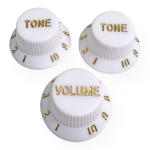AXLABS Knob Strat Style lefty white/gold font 3pcs Set Knob 1x Volume 2x Tono per mancini