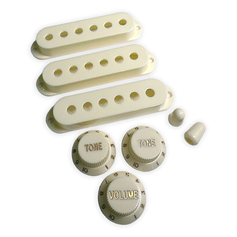 AXLABS Set Strat Style 52mm vintage white/gold font Set Pickup Cover spaziatura vintage, Knob e Tip Selettore Strato Style