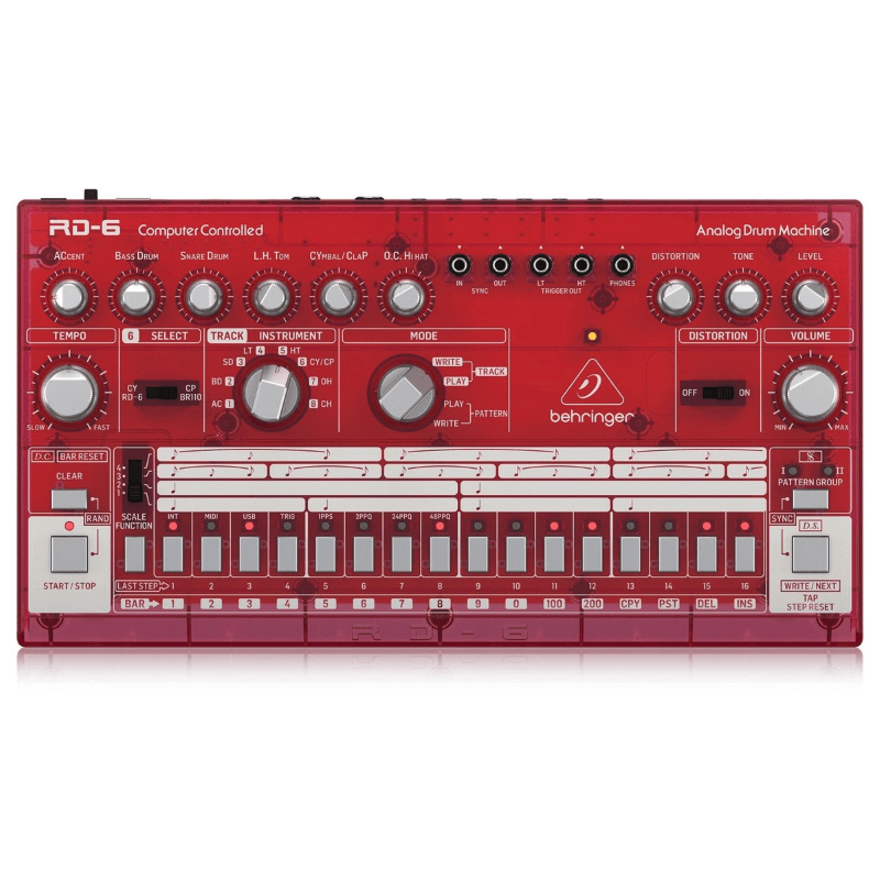 Behringer RD6 SB Drum Machine Analogica con 8 Suoni, Sequencer 16 Step ed Effetti di Distorsione Rosso Traslucido