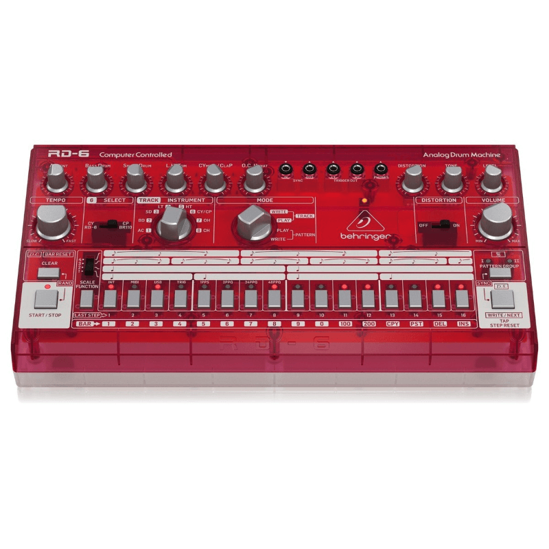 Behringer RD6 SB Drum Machine Analogica con 8 Suoni, Sequencer 16 Step ed Effetti di Distorsione Rosso Traslucido