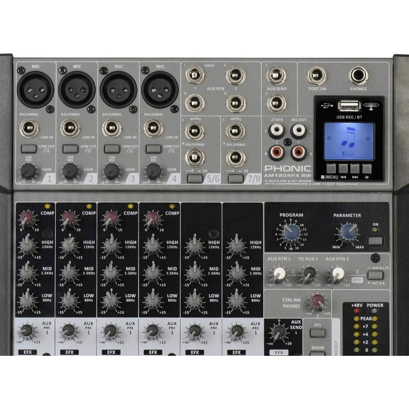 Phonic AM1204FX RW Mixer audio a 8 canali con effetti compressore USB e audio recorder