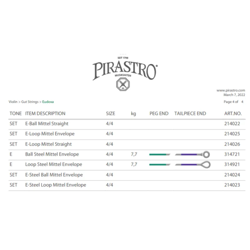 Pirastro Eudoxa Violino Set Medium MI Asola in tubo