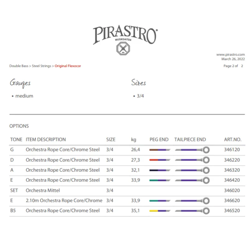 Pirastro Set Flexocor Original Contrabbasso 3/4 - 346020