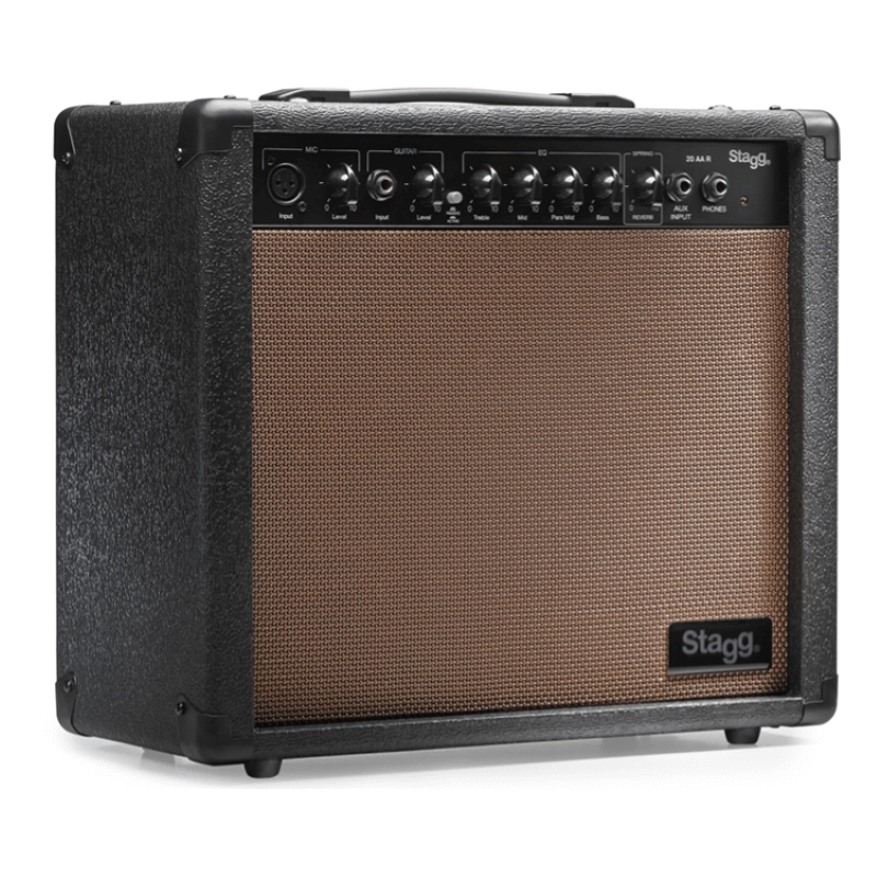 Stagg Amplificatore per chitarra acustica 20W RMS con riverbero a molla - Altoparlante: 1x8" + 1x Tweeter coassiale - Controlli: Gain + Volume + Strumento Attivo/Passivo + Equalizzatore (Acuti/Medi/Bassi) con controllo parametrico dei Medi + Riverbero a m