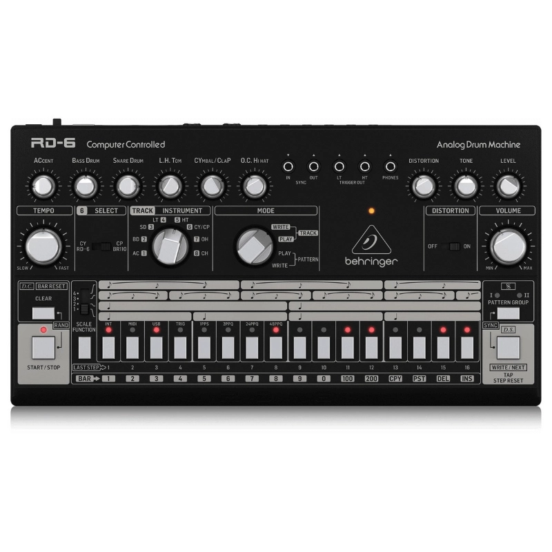 Behringer RD6 BK Drum Machine Analogica con 8 Suoni, Sequencer 16 Step ed Effetti di Distorsione Nera
