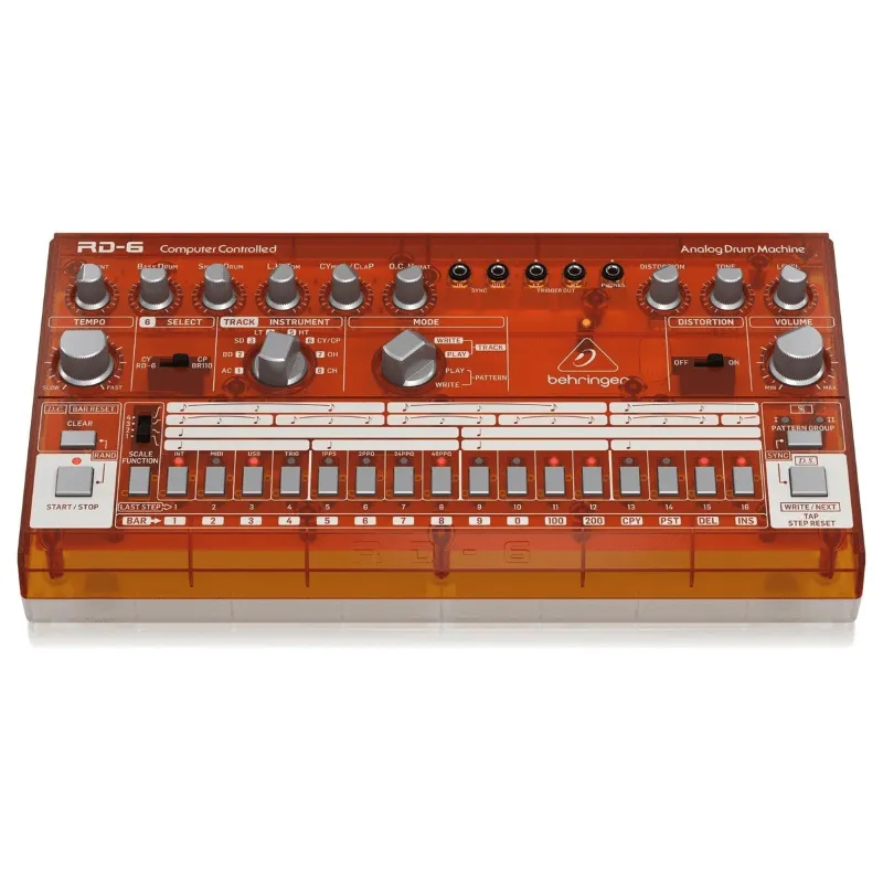 Behringer RD6 TG Drum Machine Analogica con 8 Suoni, Sequencer 16 Step ed Effetti di Distorsione Arancione