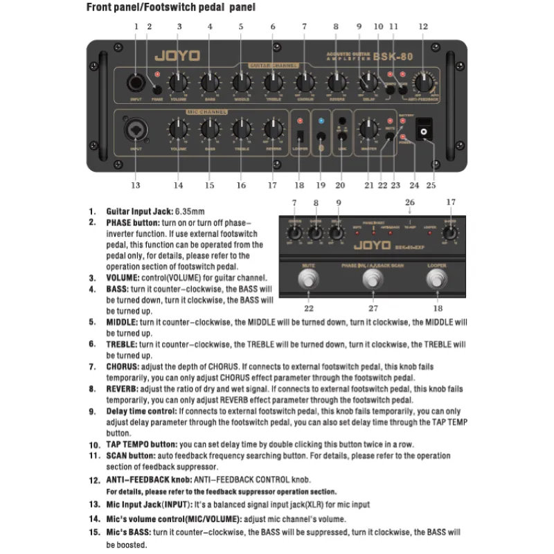 JOYO BSK-80 Amplificatore Chitarra Acustica e Voce a Batteria e Bluetooth