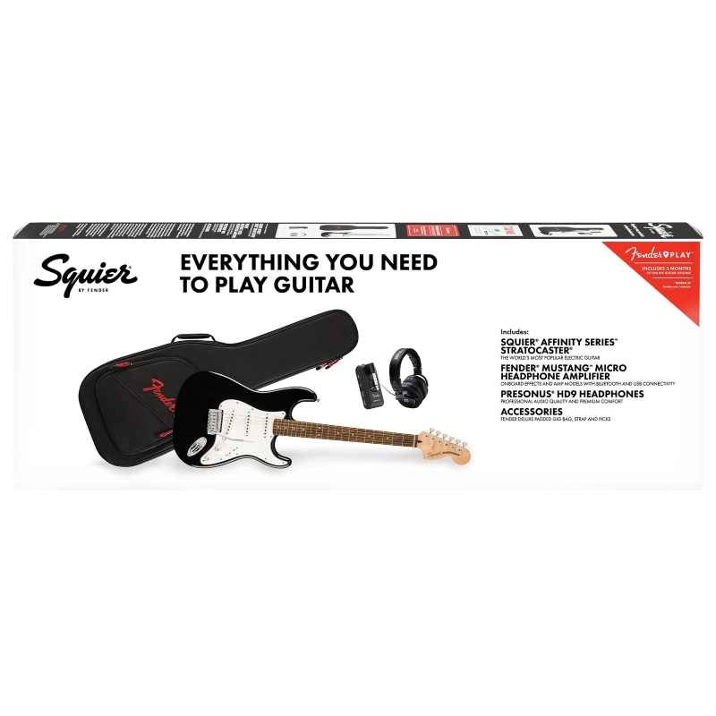 Fender Squier Affinity Series™ Stratocaster® Mustang™ Micro Pack, Laurel Fingerboard, Black, Gig Bag,0372873106