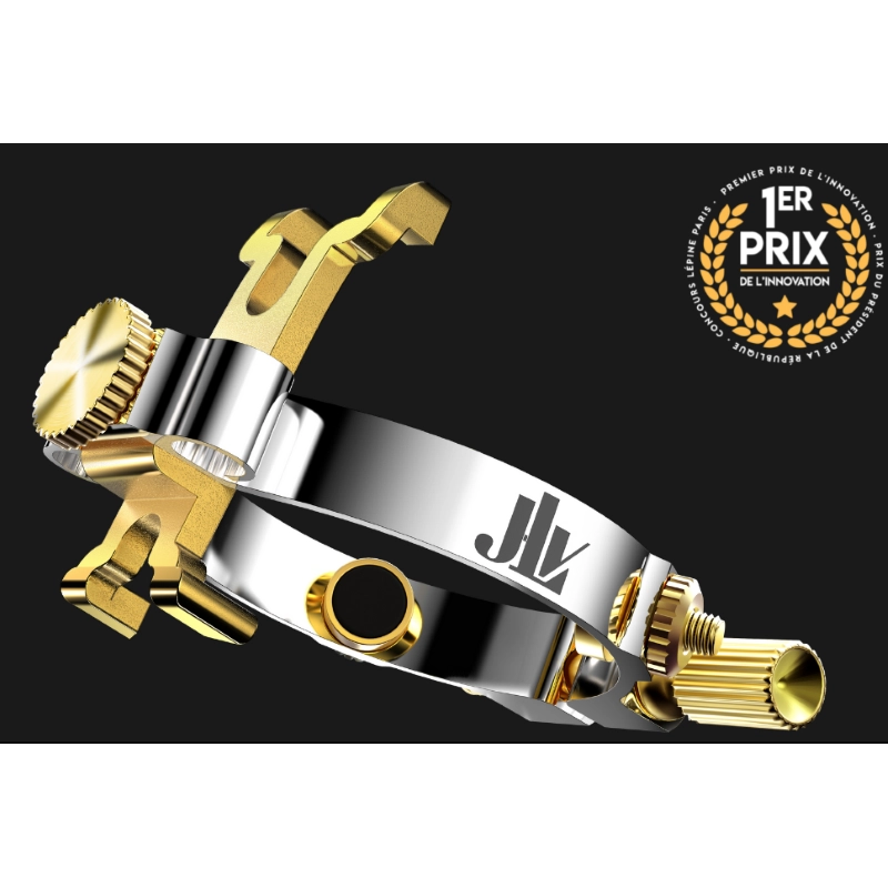 JLV Legatura per Sax Soprano Bocchini Ebanite Placcata Platino e Oro