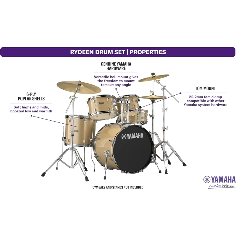 Yamaha Rydeen JRDP0F5CPGCPSET Batteria 5pz con hardware e piatti Paiste 20" Bass Champagne Glitter