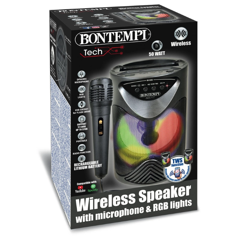 Bontempi 49 1010 Diffusore Portatile con Microfono Luci RGB e Lettore Wireless