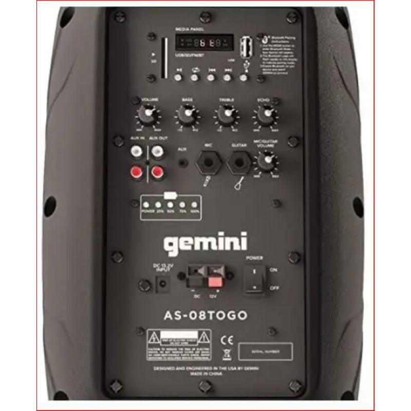 Gemini AS08 TOGO Speaker Portatile Bluetooth 8" con Microfono e Lettore USB 500W