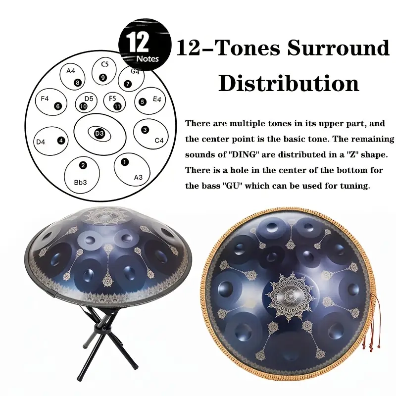 Hand Pan OYSTER 12 note RE minore cm.56 Hz432, Caisa Metal Drum Sonido Drum Hang Rammerdrum, Tuga