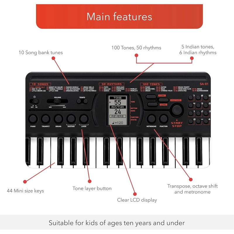 Casio SA81/SA80 Tastiera 44 tasti dimensioni ridotte 60 x 21 x 57mm  (Sostituisce i vecchi modelli SA-76, SA-77 e SA-78)