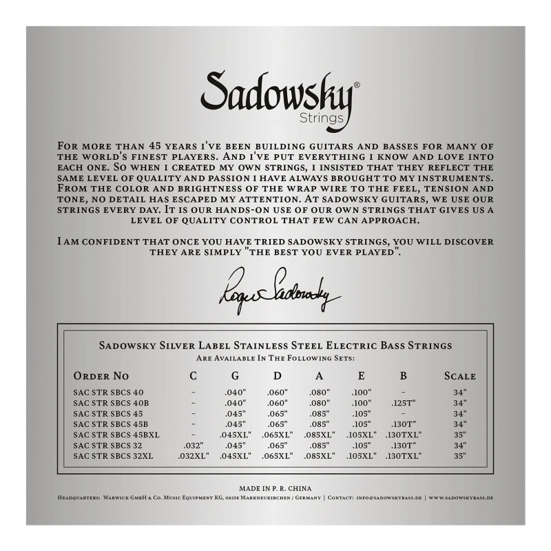 Sadowsky SAC STR SBCN 45 Corde per Basso Elettrico 045-105 SS