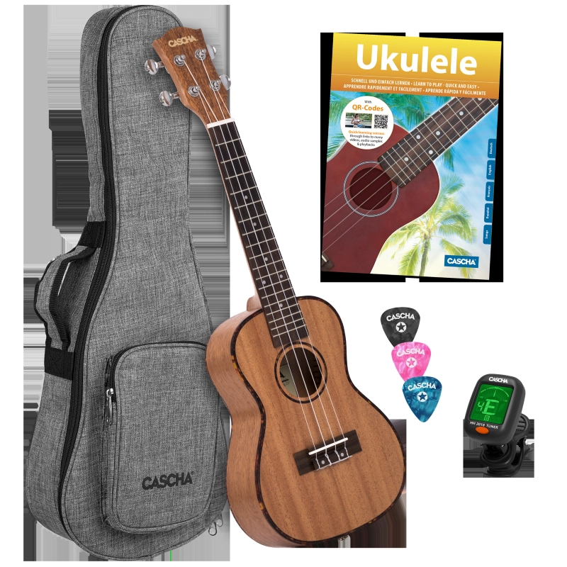 Cascha HH-2036 Concert Ukulele Mahogany Set (incl. 4 languages Method (DE/EN/FR/ES), Bag padded, 3 Picks, Tuner)