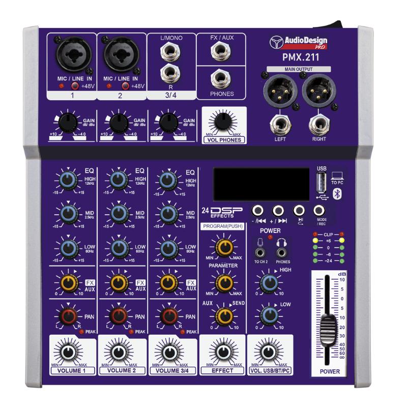 Audio Design PMX.211TK Mixer 2+1+1 canali -SB/BT 24 effetti con DSP Alimentaizone USB Ingresso Ottico