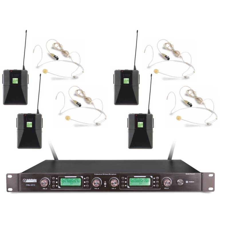 Audio Design PMU 2214BP Sistema wireless 200 Ch.UHF con 4 Body pack e microfoni ad archetto - 4 Ch.