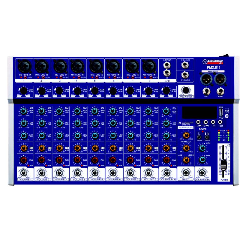 Audio Design PMX811 Mixer Professionale 8+1+1 canali USB/BT 24 effetti con DSP Alimentazione USB