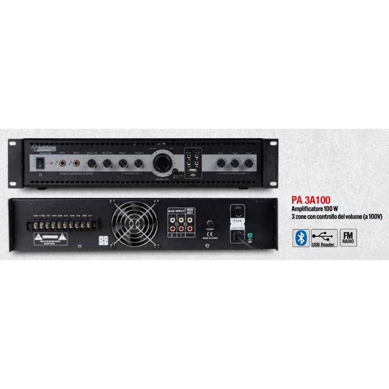 Audio Design PA 3A100 Amplificatore PA 8 Ohm 70-100 V a 3 zone con controllo volume 100 W