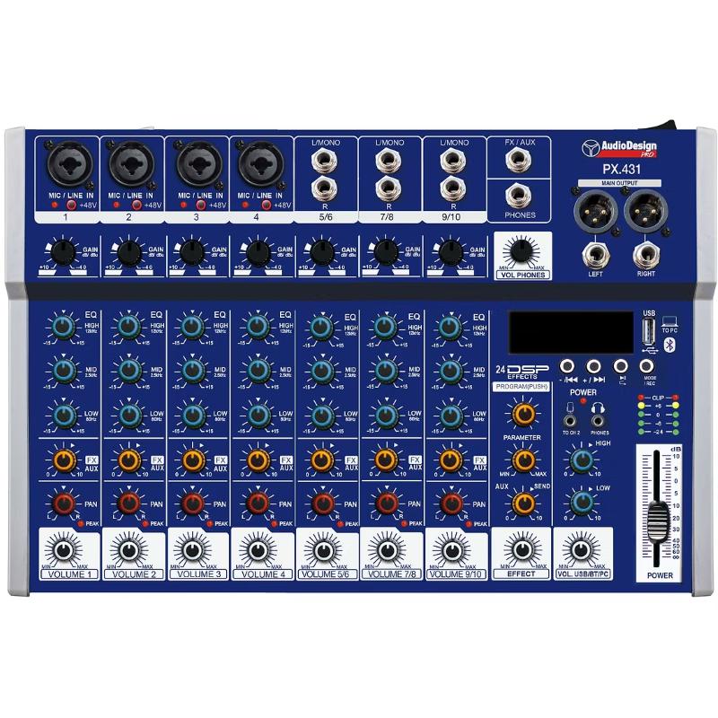 Audio Design PX431 Mixer 4+3+1 canali USB/BT 24 effetti con DSP Alimentatazione USB