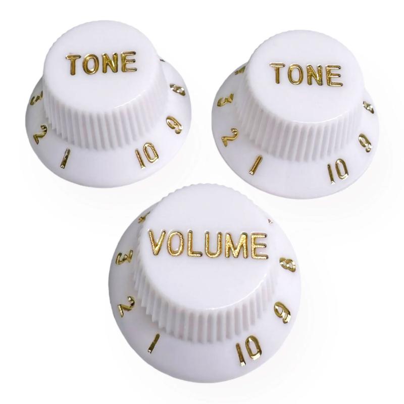 AXLABS Knob Strat Style lefty white/gold font 3pcs Set Knob 1x Volume 2x Tono per mancini