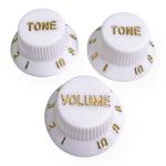 AXLABS Knob Strat Style lefty white/gold font 3pcs Set Knob 1x Volume 2x Tono per mancini