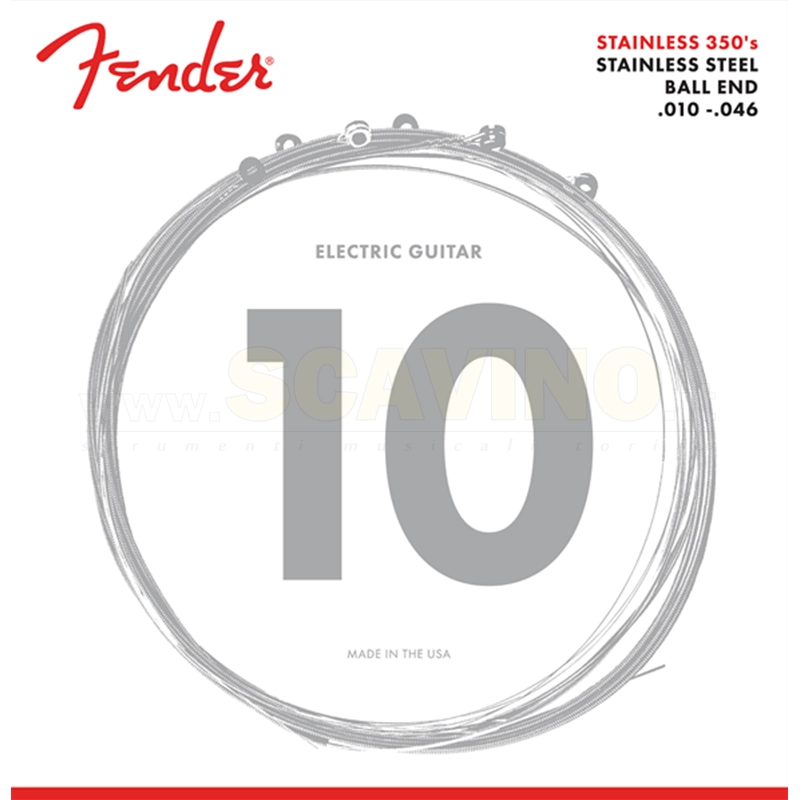Fender Stainless 350's Guitar Strings, Stainless Steel, Ball End, 350R Gauges .010-.046, (6)