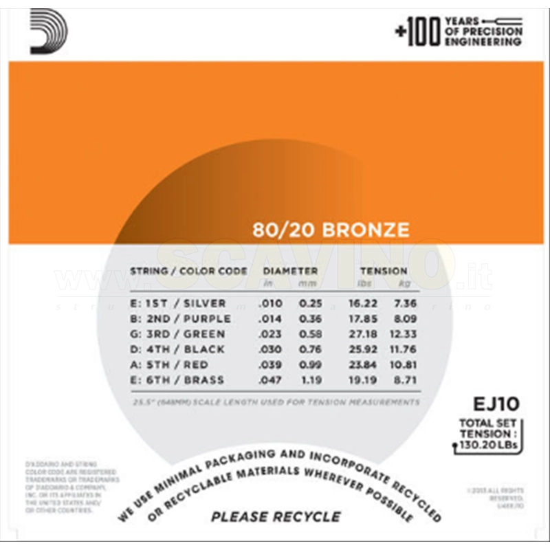 D'addario EJ10 Corde Chitarra Acustica 10-47 Bronze