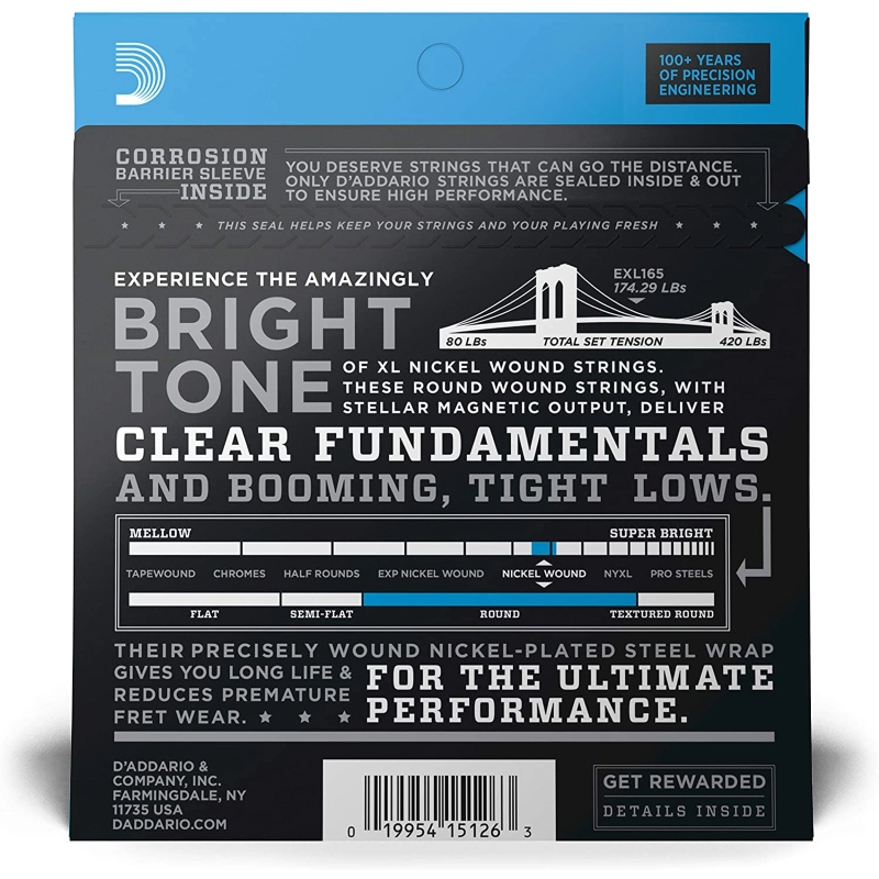 D'addario EXL165 Set Corde per Basso 45-105 Nickel